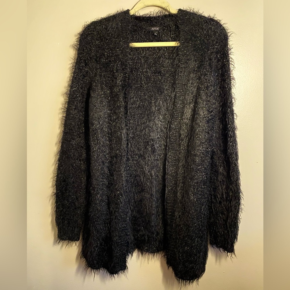 Apt. 9 Black and Gold Fuzzy Cardigan Medium Open Front EUC